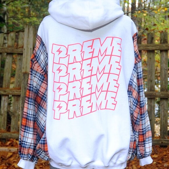 PHOTOGRAPHER Preme Upcycled Reconstructed Hoodie Sweatshirt XL Plaid Sleeves - Picture 4 of 10